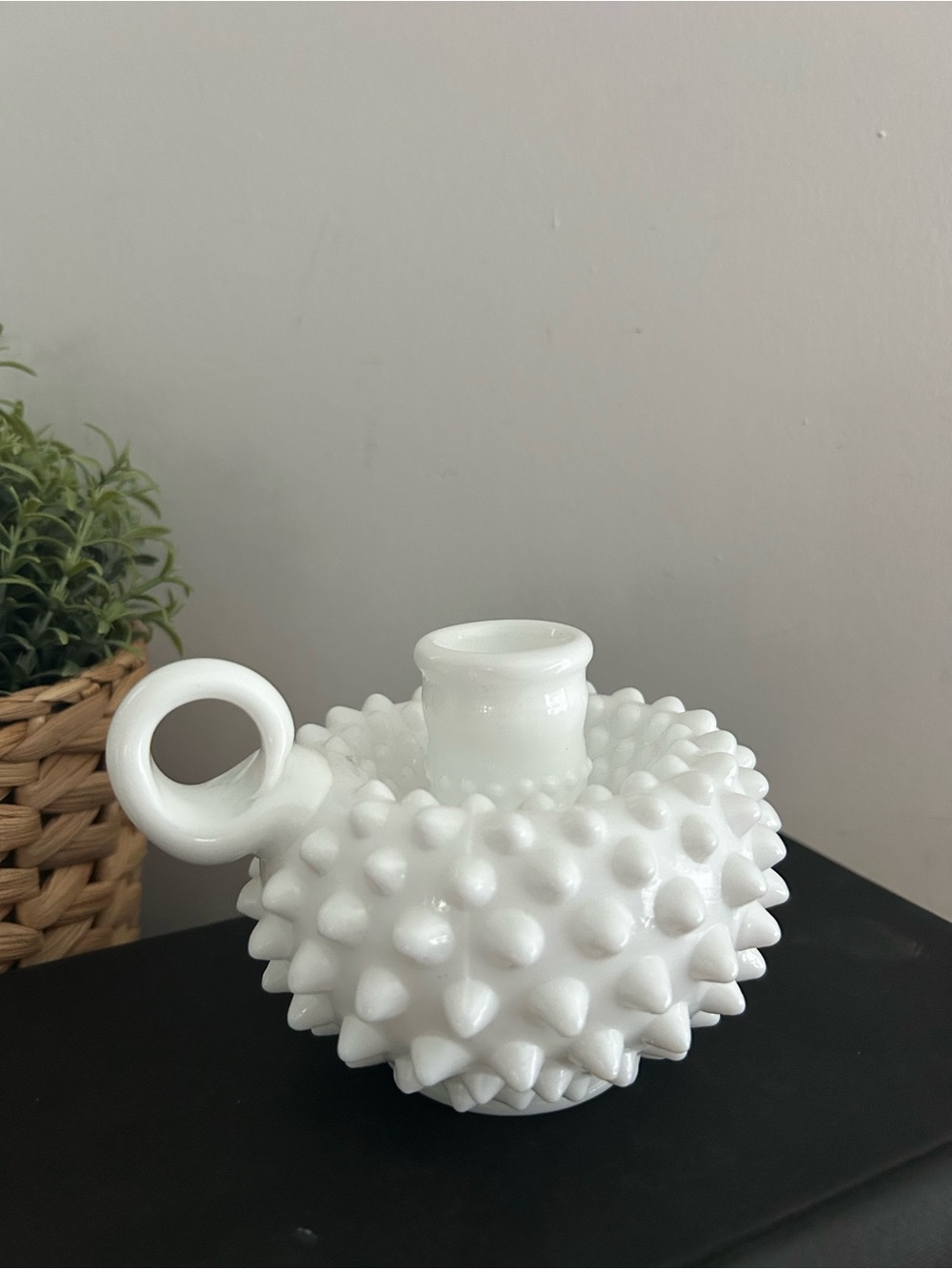 Fenton Hobnail White Milk Glass Single Finger Loop Handle Candle Holder